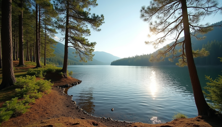 Eye-level view of Lake Edward shoreline with clear water and pine trees