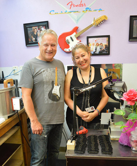 Gary Davies pictured with master pickup winder Josefina Campos at the Fender Custom Shop