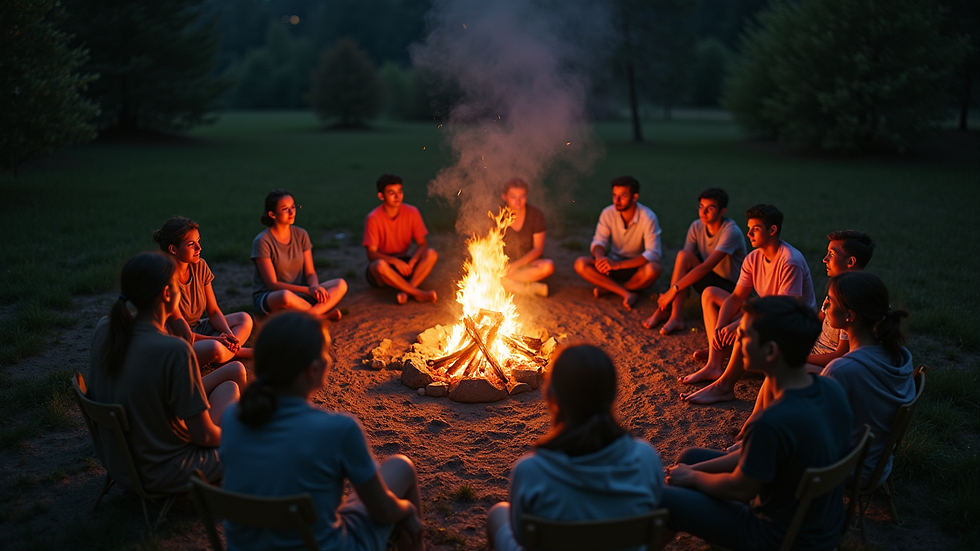 High angle view of a campfire circle at Guanin Summer Camp