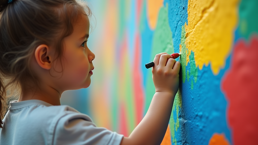 Close-up view of a young camper painting a colorful mural