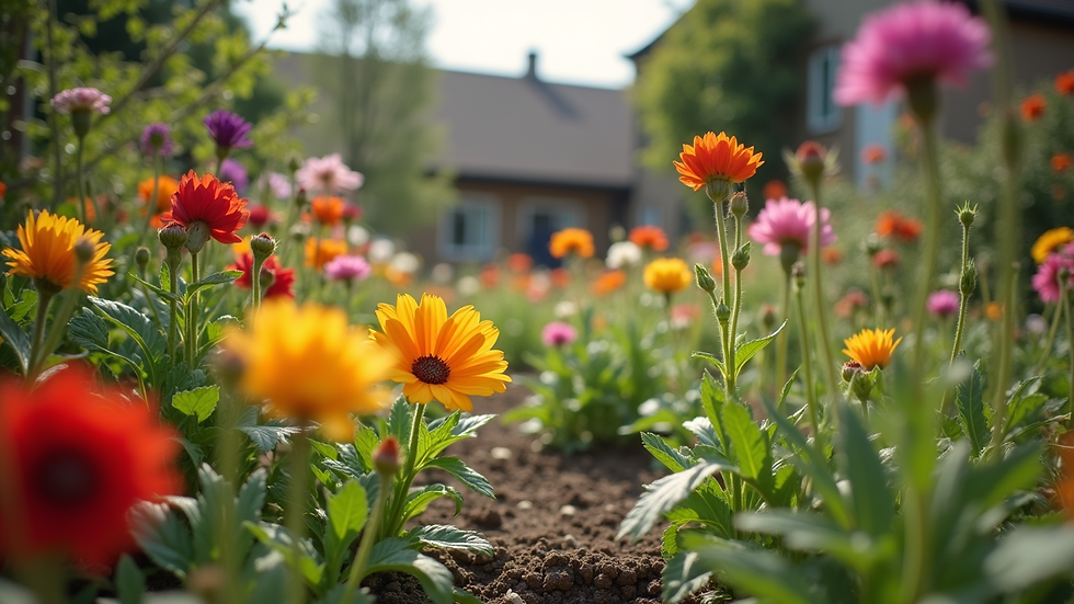 Eye-level view of a community garden with colorful plants and flowers