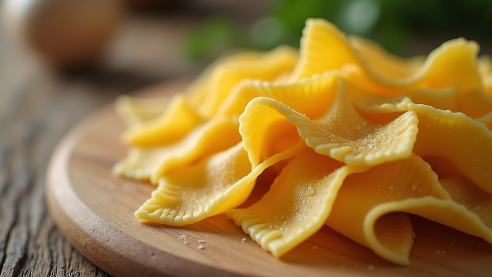 Close-up view of fresh pasta shapes on a wooden board