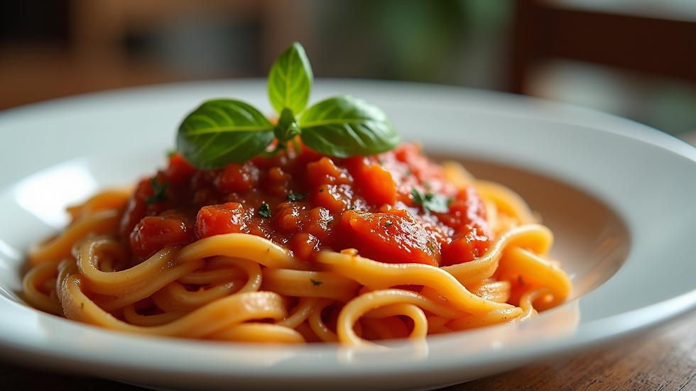 Eye-level view of a plate of fresh pasta with tomato sauce