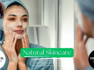 Woman in blue towel applying skincare cream, smiling calmly. Text: Natural Skincare. Logos: Dr. Lazuk Cosmetics, Esthetics.