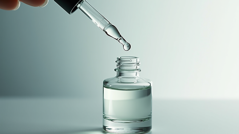 Close-up view of a clear glass bottle with a dropper containing a transparent serum