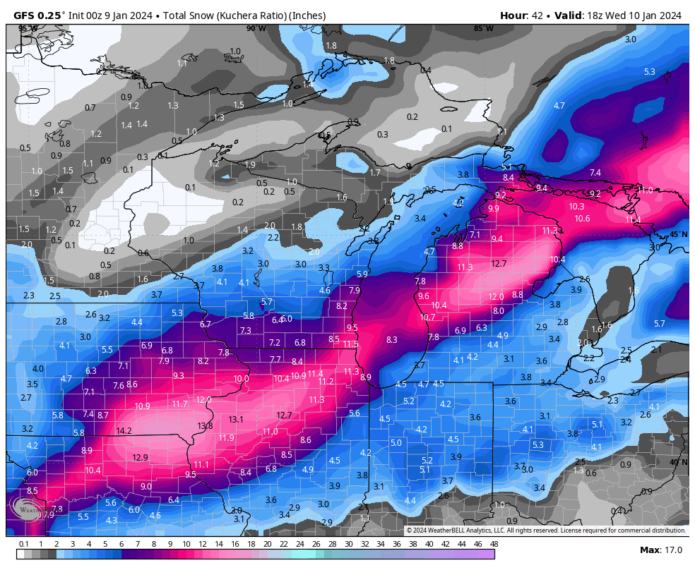Mapa de previsión de nevadas cerca de mí, mostrando la cantidad de nieve esperada en diferentes áreas