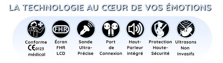 Pictogrammes des fonctionnalités du Doppler fœtal DOPPLO® affichés sur le packaging.