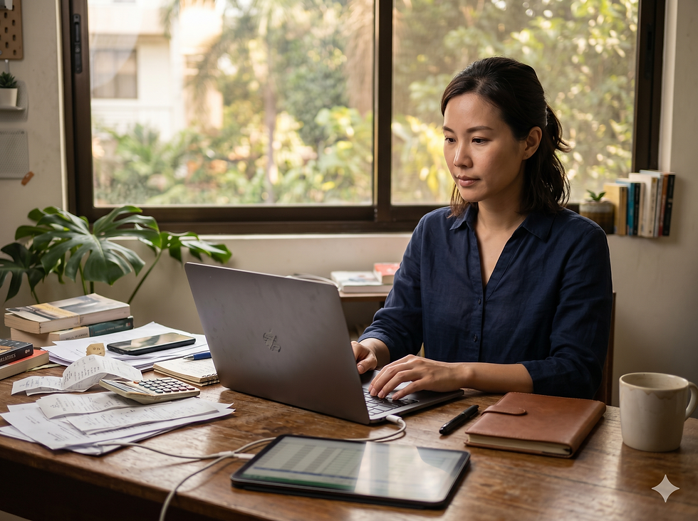 Woman in blue shirt working on a laptop at a cluttered wooden desk. Large window view with green foliage. Books, papers, and tablet visible.
