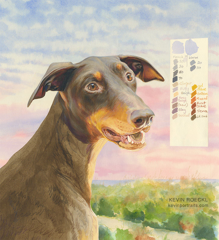 Colored pencil and watercolor portrait of a red Doberman in progress, with colored pencil swatches on Canson paper