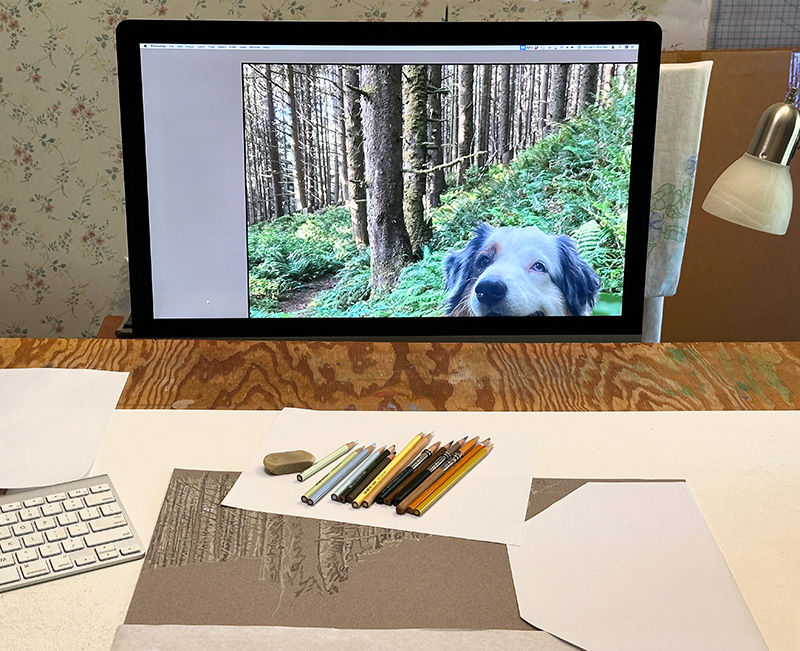 In Kevin's studio with colored pencils, and the reference photos on a monitor