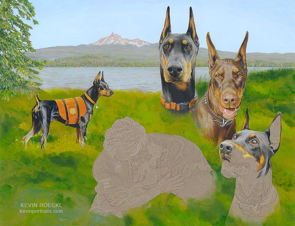 Triple portrait of 3 Search-and-Rescue Dobermans, in progress