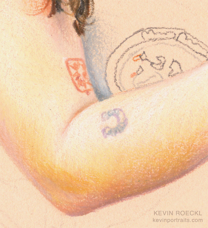 Detail if a colored pencil portrait of a young woman and a Doberman, in progress.