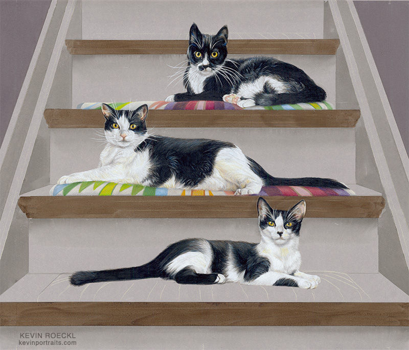 Colored pencil portrait of three cats on stairs, in progress.