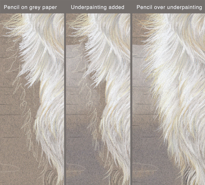 Close-up details showing three steps in Kevin's artistic technique