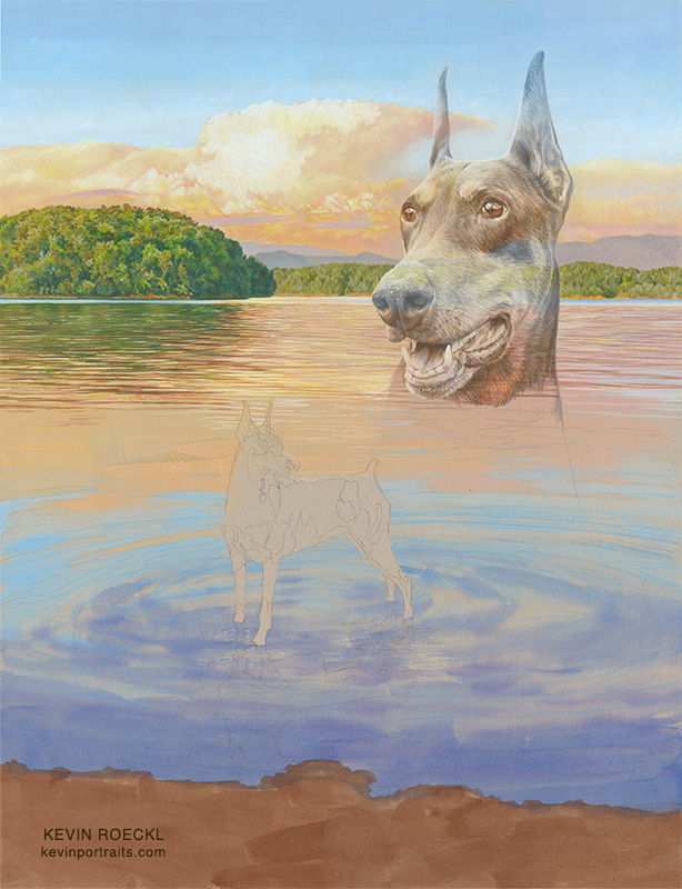 Colored pencil double portrait of a red Doberman in a river scene, in progress