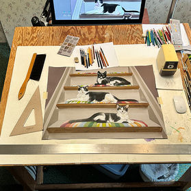 "Three Cats on Stairs" portrait in progress 10 - A tool with a story