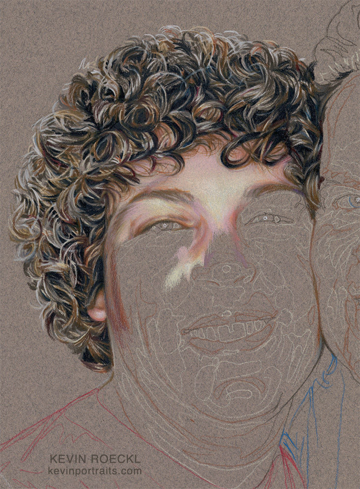 Close-up detail of the woman's face in a colored pencil portrait, in progress
