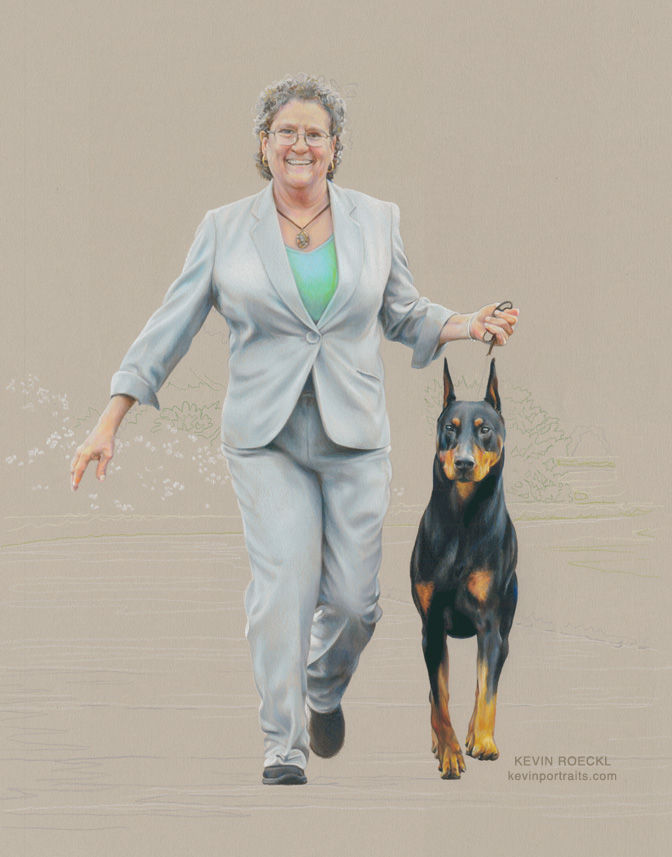 Fine art portrait of dog show handler Gwen and Doberman Kent