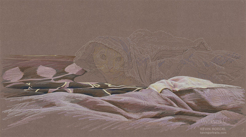 Colored pencil portrait of a cat in bedding, on mauve Canson paper, in progress