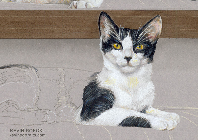Detail of colored pencil portrait of three cats on stairs, in progress.