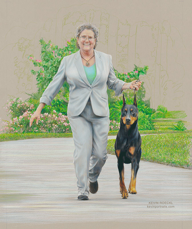 Portrait of dog show handler Gwen and Doberman Kent