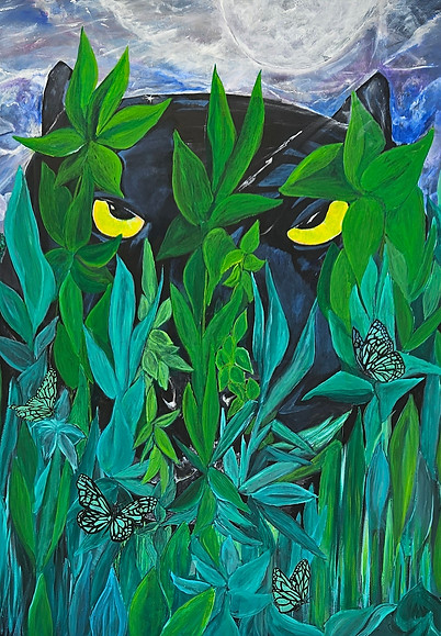 Parice art, peintre artiste, panthère, papillons, vert, noir, forêt, jungle, animaux