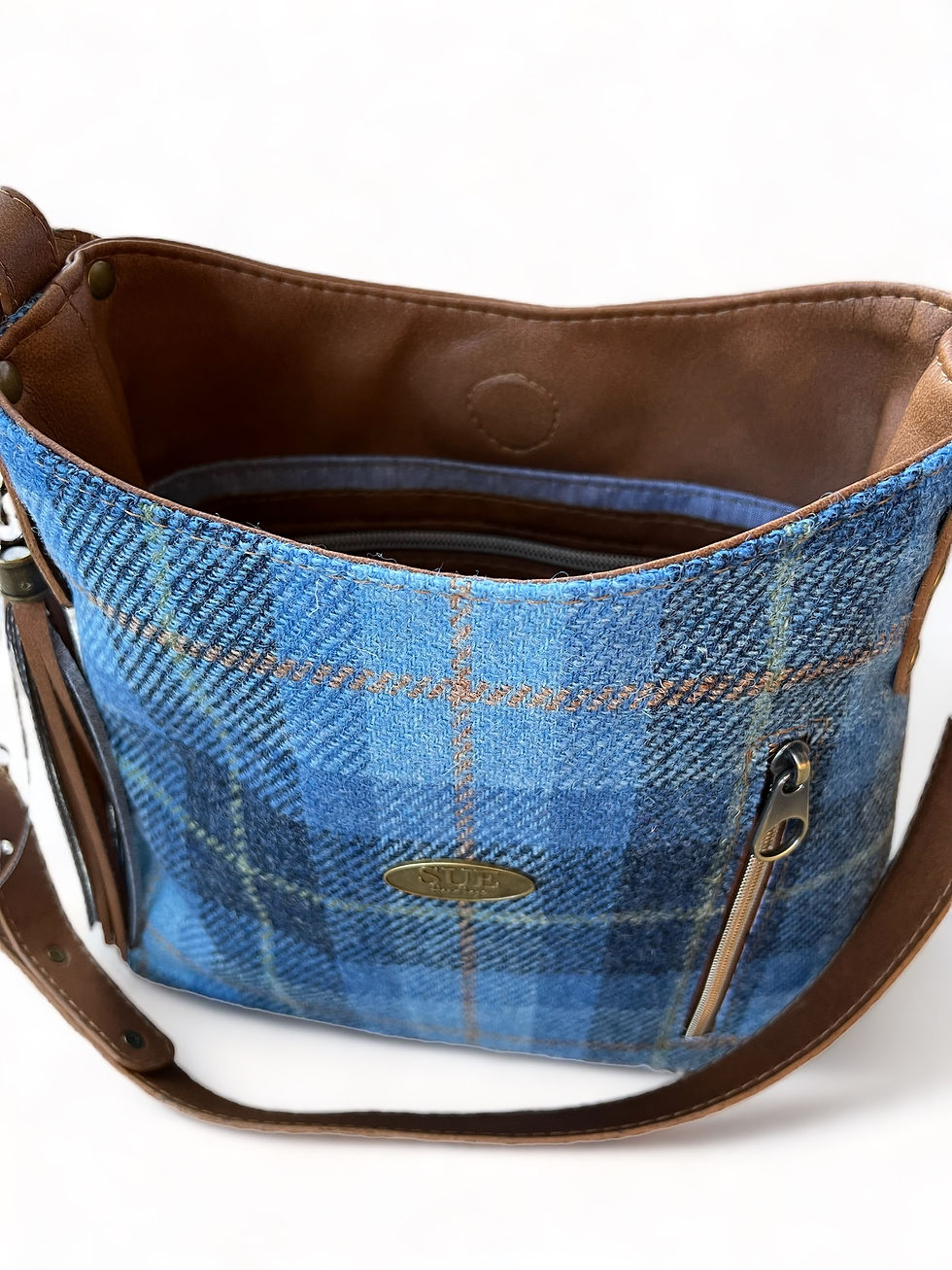 Thumbnail: Amber Crossbody -  Blue Plaid Harris Tweed