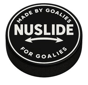 NUSLIDE logo hockey puck logo made by goalies for goalies