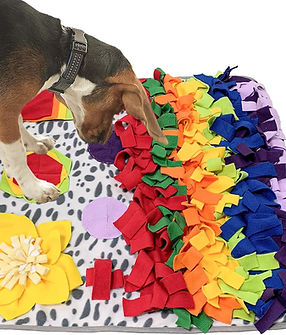 La imagen muestra a un perro olfateando una alfombra de juego interactiva, diseñada para estimular su olfato y su mente. La alfombra tiene múltiples secciones coloridas, con diferentes texturas y bolsillos donde se pueden esconder golosinas para que el perro las encuentre.