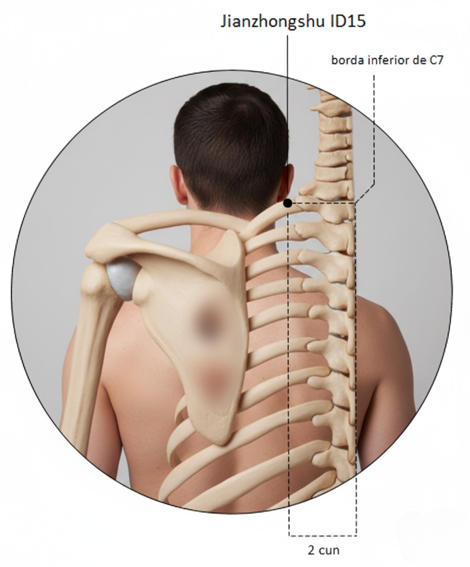Ilustração anatômica do ponto ID15 Jianzhongzhu (Pilar Central do Ombro), localizado na parte superior das costas, e sua aplicação no tratamento de dores no ombro e nas costas, além de sua capacidade de tratar a tosse e a asma