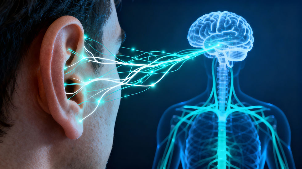 Imagem de capa do post sobre neurociência da auriculoterapia: uma ilustração clínica mostrando a complexa inervação da orelha, com vias neurais brilhantes que se conectam ao cérebro, representando a modulação do sistema nervoso central
