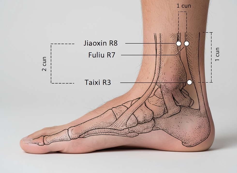 Ponto de acupuntura R8 Jiaoxin (‘Interseção com Baço’) na borda medial do pé, usado para regular energia do rim e do baço e tratar distúrbios urinários e digestivos