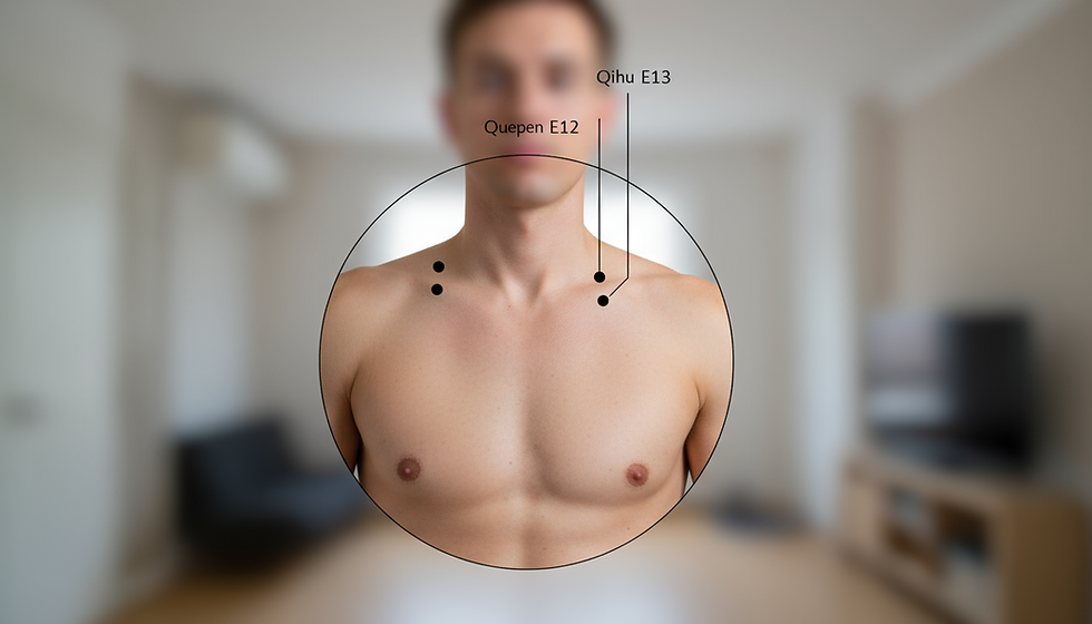 Ilustração da localização do ponto E13 (Qihu), a 'Porta do Qi', na depressão abaixo da clavícula. Ponto chave para tratar asma, tosse e dor torácica, facilitando a descida do Qi do Pulmão