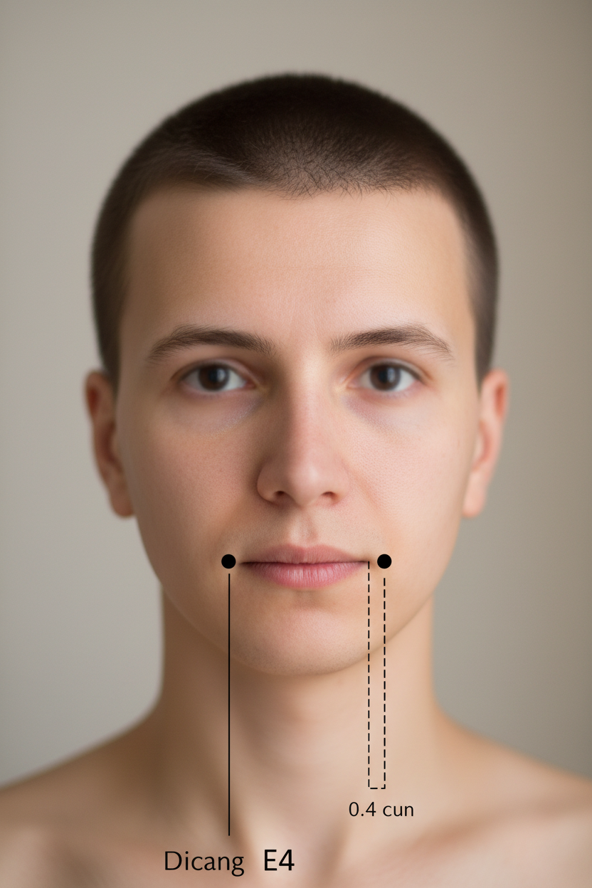 Ilustração da localização anatômica do ponto E4 (Dicang), o 'Celeiro da Terra', ao lado do canto da boca. Ponto mestre da acupuntura para tratar a paralisia facial (Paralisia de Bell), desvio da boca e neuralgia do trigêmeo