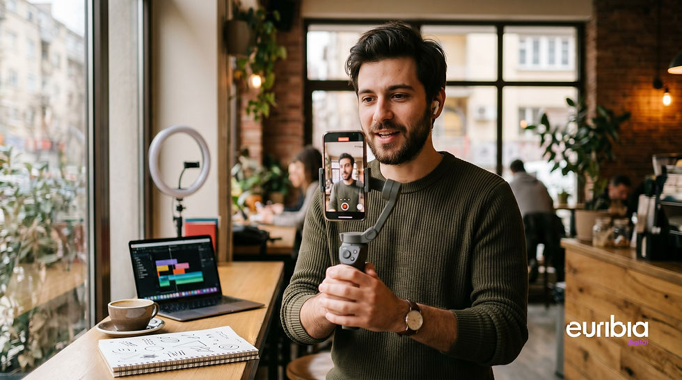 Bulgarian video creator filming a vertical short on a phone-mounted gimbal in a warm Sofia coffee shop with a ring light and laptop with editing timeline visible