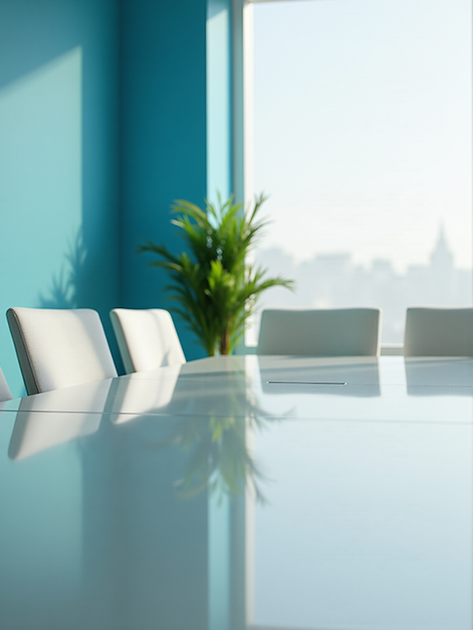 Modern conference room with long table, white chairs, green plant, bright window.
