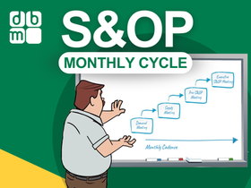 'S&OP Monthly Cycle' in the center as the title with a graphic of the 4 monthly meetings in the S&OP process on a whiteboard underneath it
