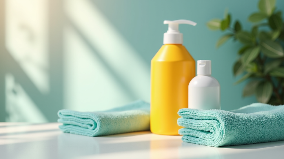 Close-up view of eco-friendly cleaning products and microfiber cloths