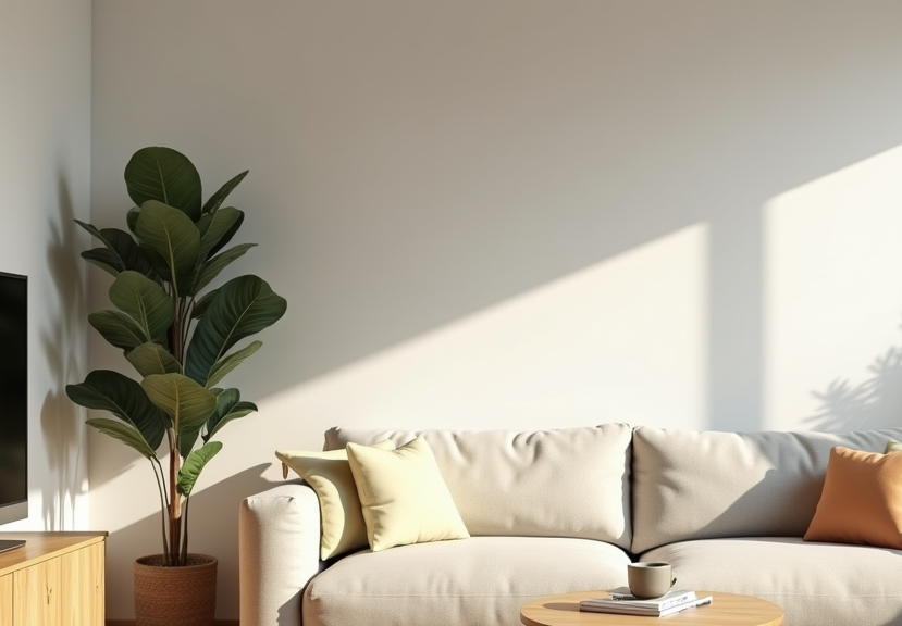 Eye-level view of a clean and organized living room with natural light