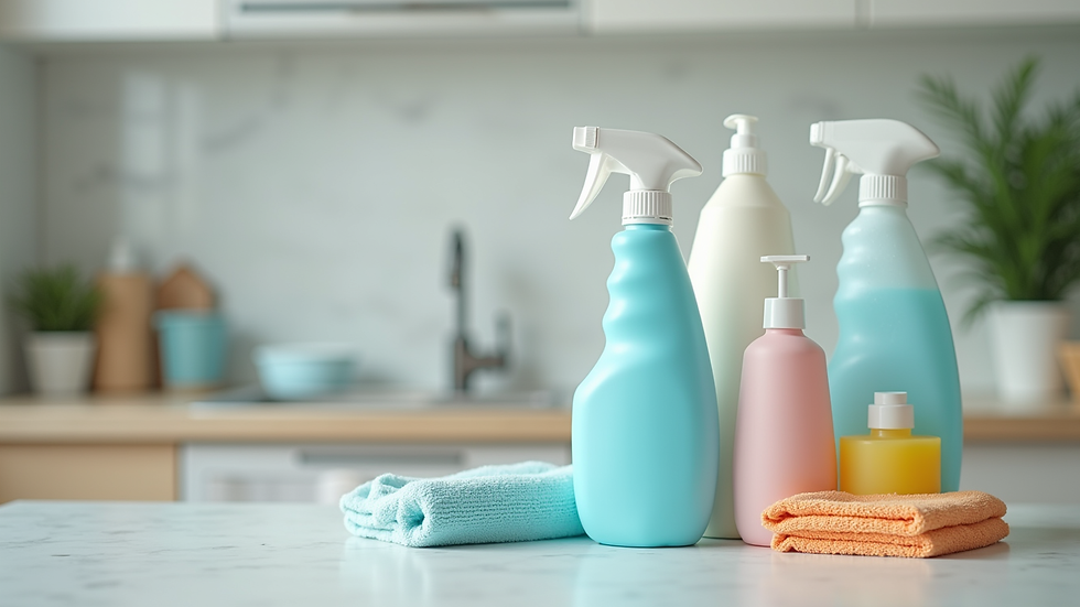 Close-up view of cleaning supplies arranged neatly on a countertop