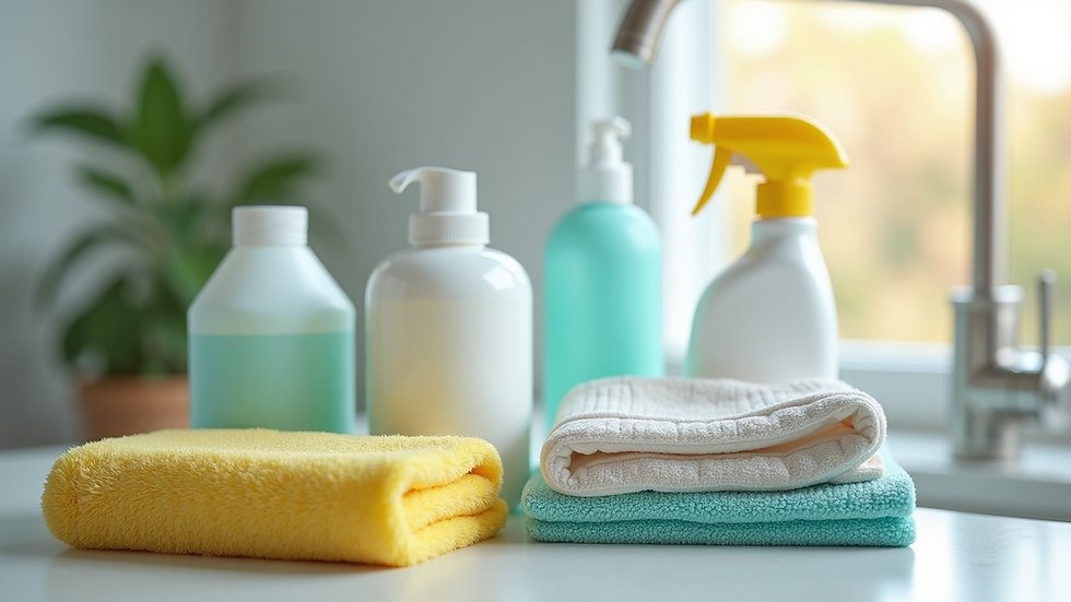 Close-up view of cleaning supplies arranged neatly on a countertop