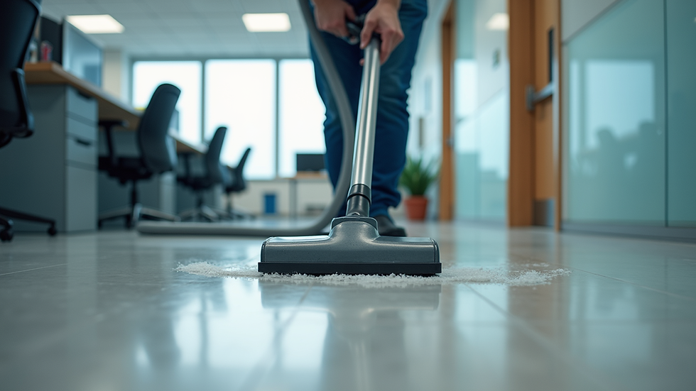 Eye-level view of a professional cleaner using a vacuum in a modern office