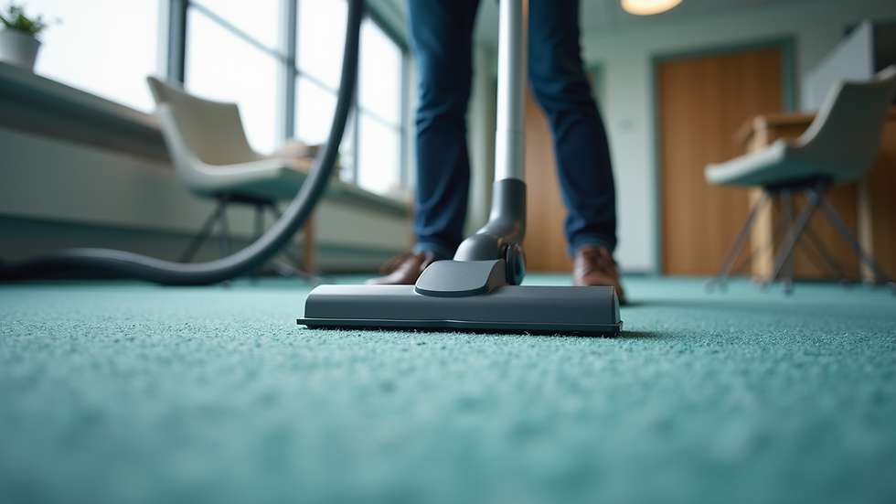Eye-level view of a professional cleaner using a vacuum on office carpet