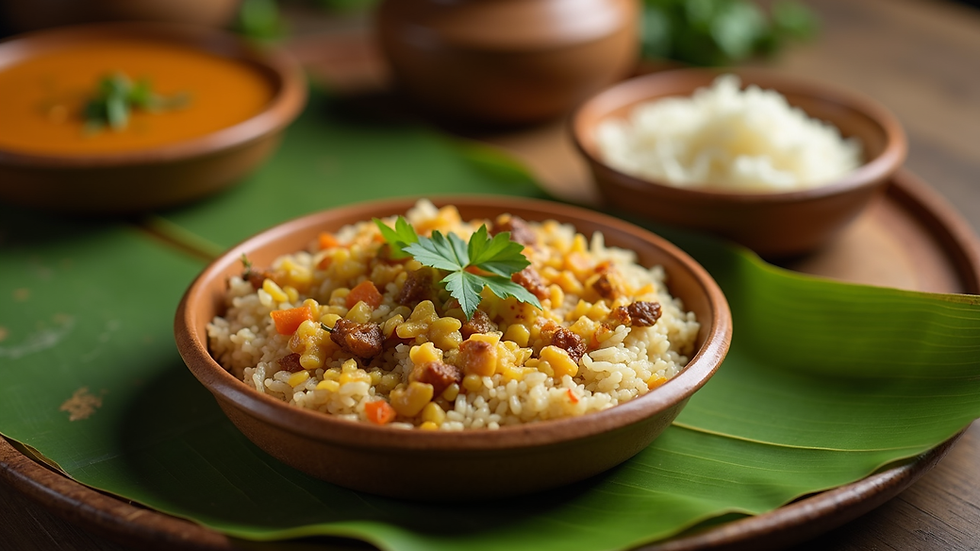 Close-up view of a traditional South Indian vegetarian thali served on a banana leaf