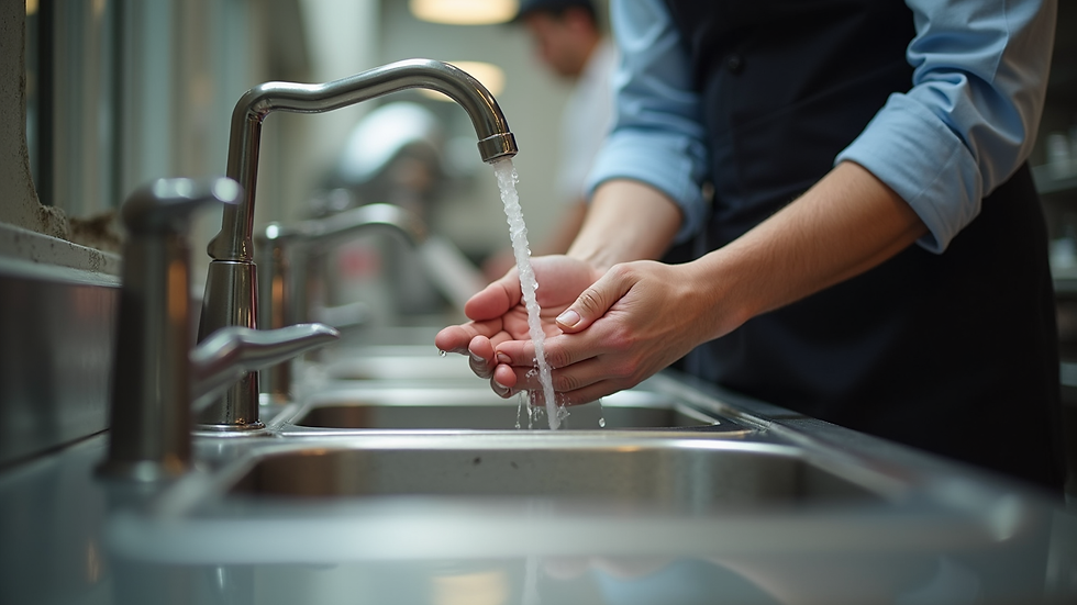 Close-up view of a catering staff member washing hands at a sink