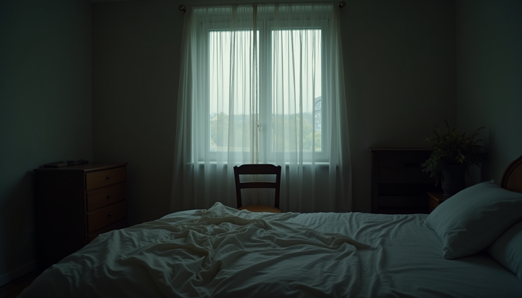 Eye-level view of a dimly lit bedroom with a single empty chair near the window