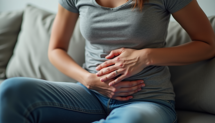 Close-up view of a person holding their stomach in discomfort while sitting on a couch