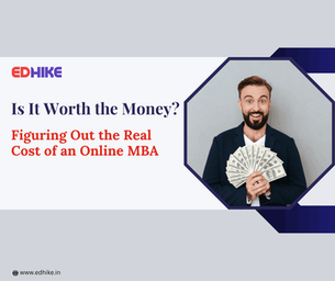 A smiling man in a suit holding a fan of US dollar bills, representing the question of whether an Online MBA is worth the financial investment.