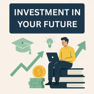 Illustration showing "Investment in your future" with a student on books, a graduation cap, lightbulb, and upward-trending financial graphs, symbolizing educational return on investment.
