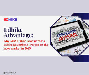 Word cloud on a digital tablet highlighting "Competitive Advantage," "Business," "Innovation," and "Success," representing the Edhike advantage for MBA Online graduates in 2025.